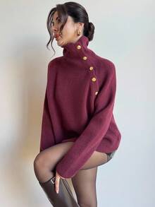 Firerie Women's Asymmetric Off-Shoulder Metallic Button Long Sleeve Sweater, Convertible High Neck & Off-Shoulder Design, Burgundy Loose Fit Knit Pullover, Holiday Sweater, Suitable For Christmas, Autumn/Winter, Elegant, Work, Sexy, Casual, Festive,Cozy Fall And Winter Clothes For Women,New Year Clothes - Burgundy - View 2