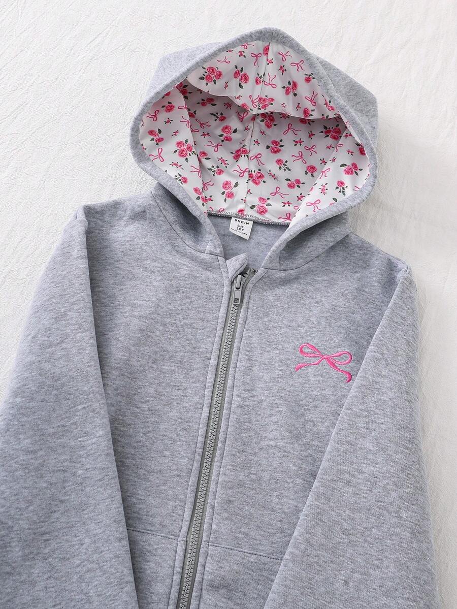 女童可爱甜美花卉蝴蝶结印花双层拉链口袋宽松夹克，休闲百搭，秋冬 - 灰色 - 查看 1
