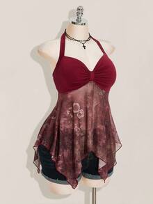 SHEIN ICON Áo kiểu nữ cỡ lớn họa tiết paisley xếp ly bất đối xứng cổ buộc dây, phối màu đỏ tía, thích hợp cho mùa thu. - Màu Đỏ Sâu - Xem 5