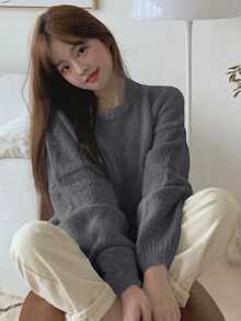 DAZY 女式纯色圆领落肩长袖休闲宽松套头毛衣，秋冬 - 深灰色 - 查看 5