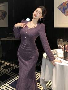 DAZY 优雅泡泡袖褶饰纽扣女式长裙，秋季 - 紫色 - 查看 7