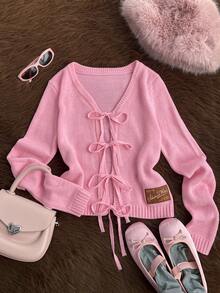 SHEIN Unity Women's Pink Wool Blend Cardigan,Warm & Comfortable,Casual,Autumn,Smart Casual,Sweet,School,Back-To-School,Retro Academic Vibe,V Neck,Tie Front - Pink - View 5