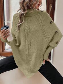 SHEIN LUNE 女式休闲纯色高领斗篷毛衣，秋冬 - 綠色 - 查看 7