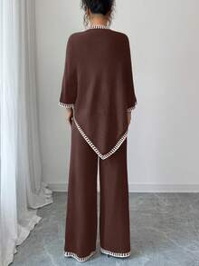 Elenzga Women's Casual Loose Poncho Design Top And Loose Contrast Color Pants Knit Two Pieces Set - Coffee Brown - View 2