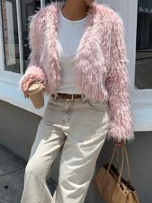 SHEIN Unity Women's Elegant Luxury Faux Ostrich Fur Lined Jacket - Pink - View 4