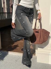 Siren Gaze Quần jean đen nữ, cạp trễ, quần ống loe đính kim cương, quần bó, quần denim co giãn thoải mái, trang phục thường ngày cho tiệc Giáng sinh mùa thu đông màu nâu - màu nâu - Xem 4