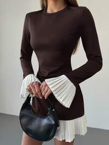 Aloruh 女式优雅通勤拼色褶皱喇叭袖中长连衣裙 - 咖啡棕 - 查看 3