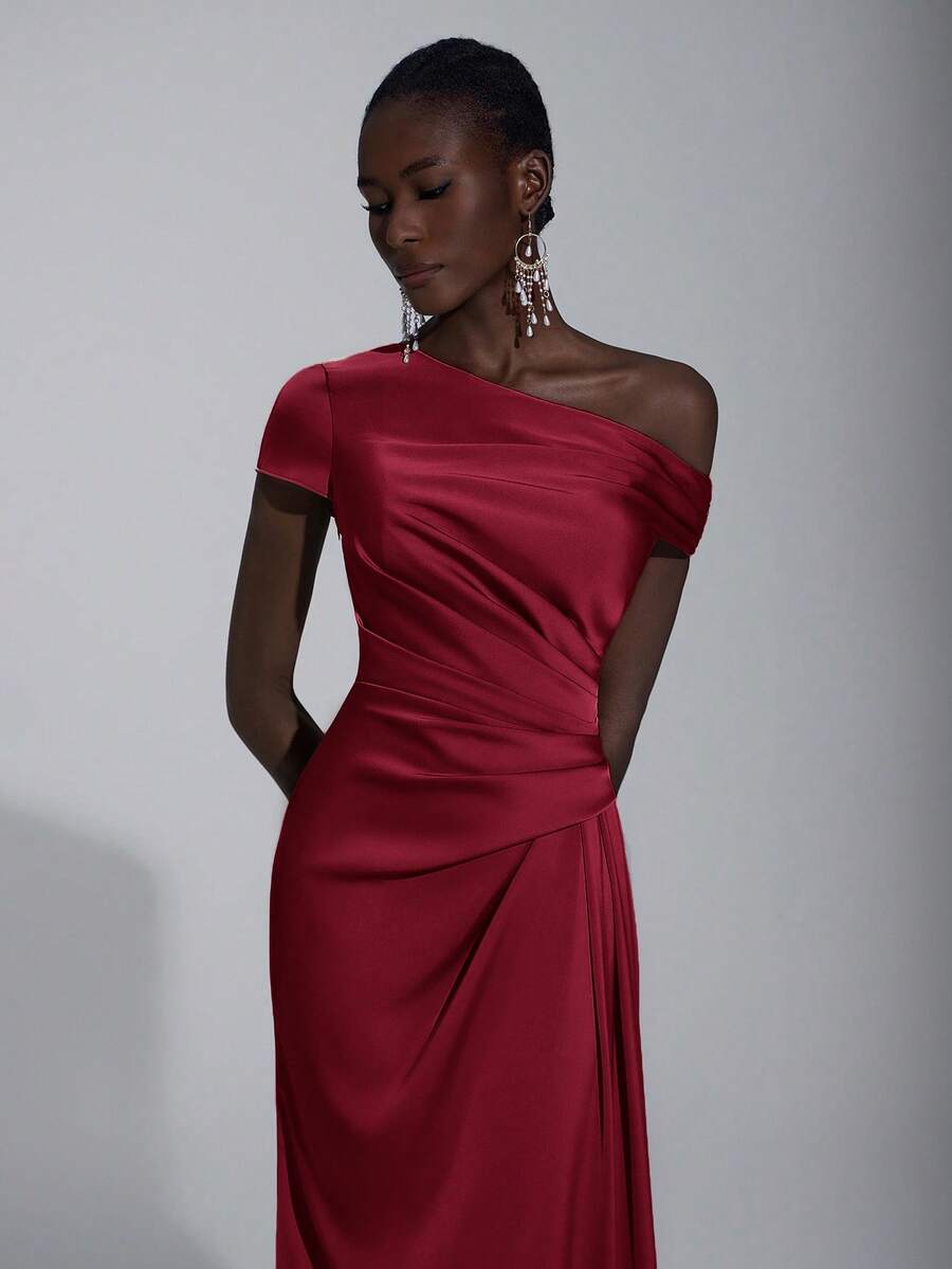 Elitara Váy đuôi cá trễ vai bằng vải satin nhún bèo sang trọng, thanh lịch, phù hợp cho đám cưới, tiệc tùng, kỳ nghỉ, dạ hội, váy phù dâu - Màu Đỏ Sâu - Xem 1