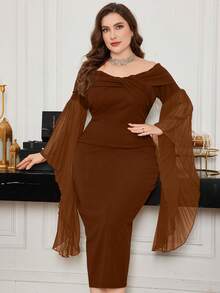 Modelyn Figurbetontes Kleid in Große Größen für Damen mit Off-Shoulder Twist-Einsatz, Raffung in der Taille, schlanker Passform und Schlitz am Saum - Braun - Übersicht 3