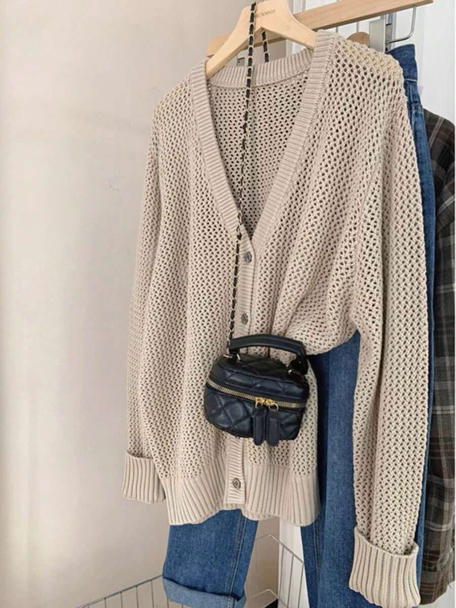 INAWLY Loose Fit V-Neck Long Sleeve Hollow Out Knit Cardigan - Apricot - View 1