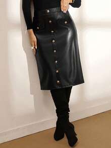 Zelara Jupe commuter en PU décorée de boutons, grande taille, nouvelle collection automne-hiver, idéale pour les fêtes de Thanksgiving et du Nouvel An