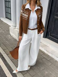 Chiquease Cárdigan de punto casual con mangas raglán y patrón geométrico para mujer, otoño/invierno