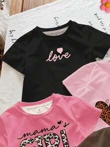 SHEIN 4 件年轻女孩休闲极简主义玫瑰、复古豹纹、心形、字母“Mama's Girl”图案圆领短袖 T 恤，适合春夏季 - 彩色 - 查看 6
