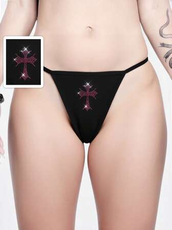 Goth 1 pieza Tanga de mujer con decoración de cruz gótica y cristales
