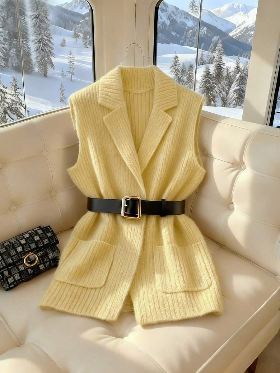 GlowEve 女士优雅休闲无领口袋针织开衫背心，不含腰带 - 黃色 - 查看 1