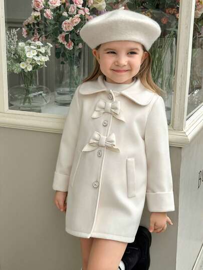 Elladie kids Niñas jóvenes estilo dulce y lindo para la escuela con decoración de lazo, bolsillo falso, manga larga, color albaricoque, casual de lana para otoño/invierno