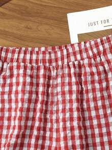 Rusticease 女式休闲日常格子阔腿裤 - 紅白色 - 查看 4