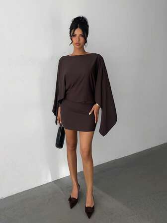 Aloruh Women's Off-Shoulder Backless Long Sleeve Solid Brown Mini Dress, Autumn/Winter