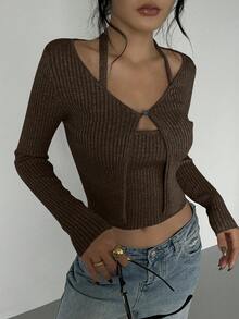 DAZY 2件套女士紧身吊带背心开衫毛衣套装 - 棕色 - 查看 3