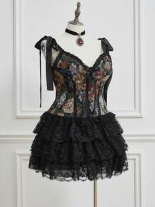 Sweetness Vintage Romantic Garden Gothic Oil Painting Floral Lace Ruffle Patchwork Plus Size Women Dress With Pants - Black - View 1
