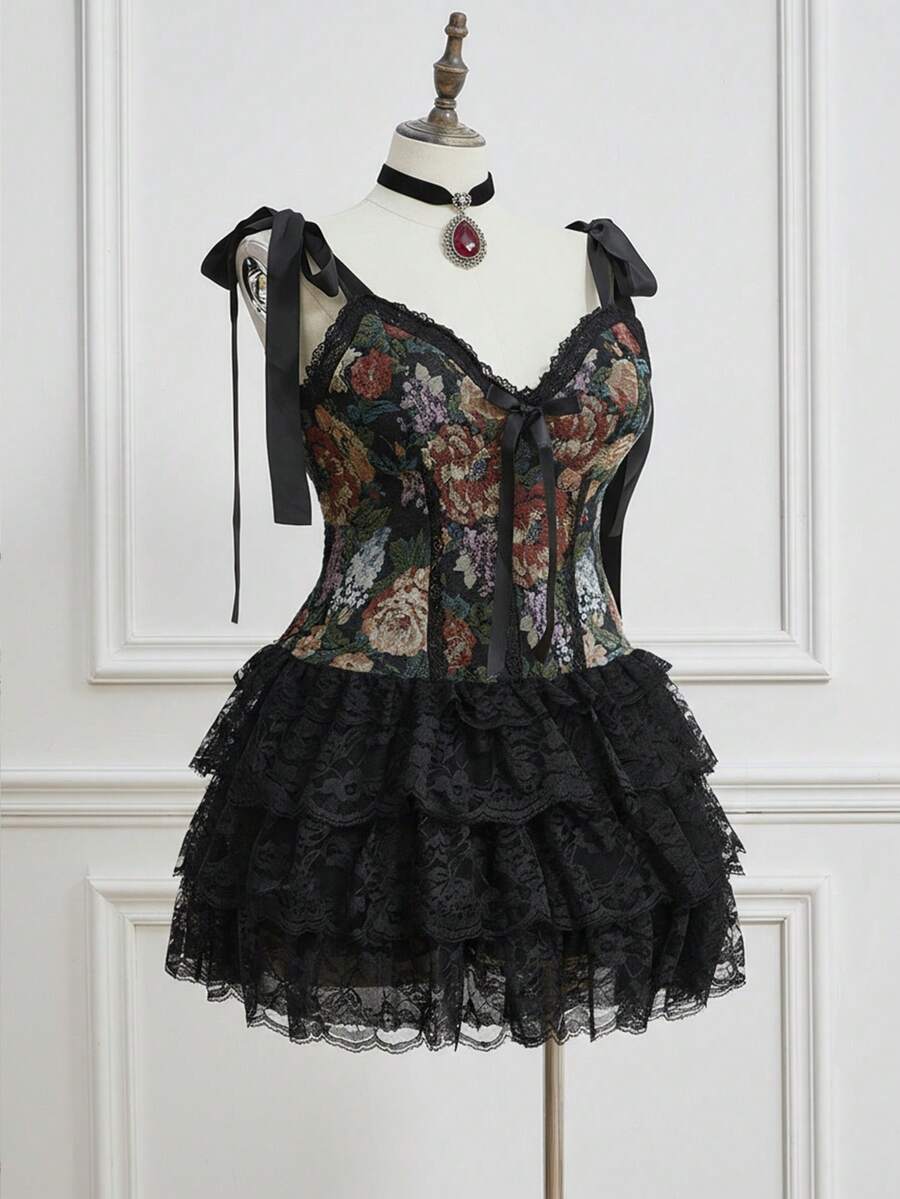 Sweetness Vintage Romantic Garden Gothic Oil Painting Floral Lace Ruffle Patchwork Plus Size Women Dress With Pants - Black - View 1
