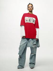 SUMWON WOMEN Oversized Texas Graphic Tee Long Sleeve Layered Statement T-Shirt Double Layer Design Casual Cotton Blend Top