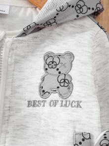 6-24 månader Baby & Småbarn Pojkar/Unisex Höst/Vinter Huva Långärmad Tröja med Dragkedja + Byxor 2-Delat Set, Björnbroderi & Tryckmönster, Avslappnad & Söt Outfit för Vardags- & Friluftsbruk - Ljusgrå - Visa 5