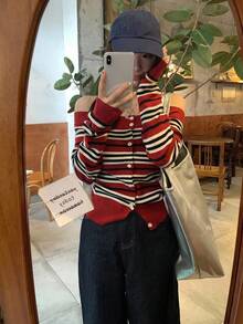 DAZY Women's Striped Contrast Color Casual Long Sleeve Off Shoulder Sweater Fall,Winter - Burgundy - View 4