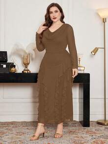 Modelyn Plus Size Spring/Summer Elastic Mesh Scoop Neck Ruffle Hem Bodycon Elegant Dress - Khaki - View 5