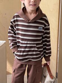 SHEIN Young Boys' Casual Khaki Striped Hoodie Sweatshirt And Drawstring Jogger Pants Set - Multicolor - View 5