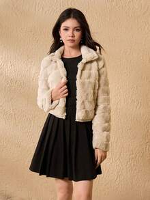 Teen Girl Solid Color Long Sleeve Short Plush Versatile Fashion Winter Jacket Set - Apricot - View 5