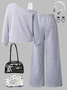 Sparklyn 2 件套青少年女孩休闲运动衫套装，不对称领肩带拼接短款蝴蝶印花上衣 + 配套松紧腰直筒裤，秋冬 - 灰色 - 查看 2