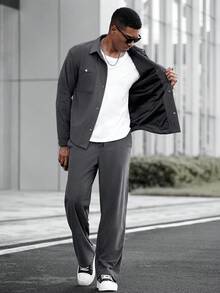 Manfinity CasualCool Dark Grey,Autumn,Streetwear,City Break Men's 2 Pieces Corduroy Jacket Set,Casual Leisure Suit Co Ord Joggers Outfit, Fall Clothes For Men - Grey - View 7