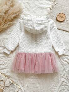 Vintaside Kids 1pc Lace Trim Hooded Textured Fabric Mesh Patchwork Young Girls Dress - White - View 2