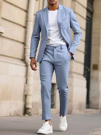 Manfinity Mode Herren Hellgrauer V-Ausschnitt Lässig Anzug Set, Frühling/Sommer