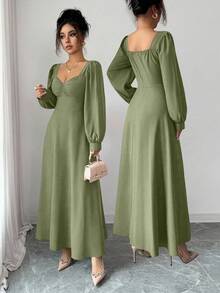 Elenzga Women's Elegant Square Neck Puff Sleeve Waist Cinched Maxi Dress, Suitable For Daily Commute - Green - View 7