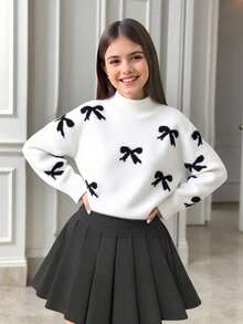 SHEIN Áo len chui đầu dệt kim cổ phễu cổ tròn tay dài họa tiết nơ cho bé gái tuổi mới lớn - trắng - Xem 3