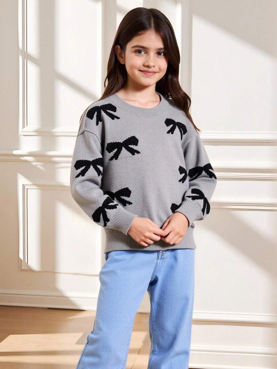 Tween Girl Ballet Style Bow Knit Sweater, Sweet & Cool Black Bow Pullover, Round Neck Loose Fit Jumper - Black - View 1