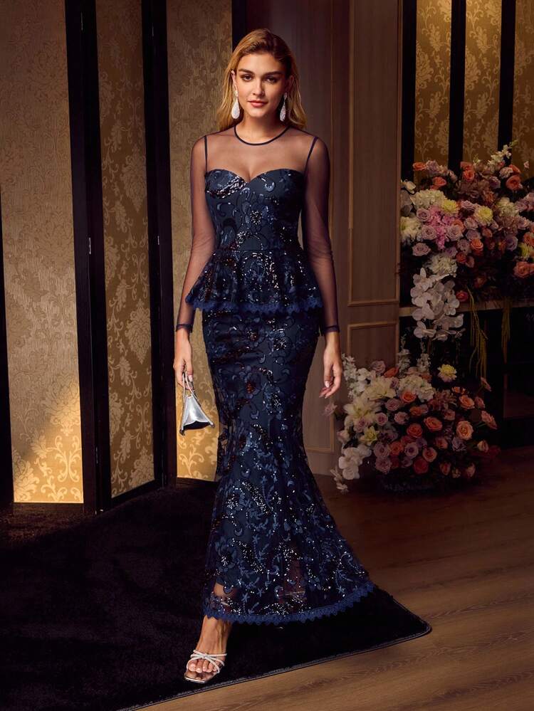 MOTF Soiréza WOMEN'S SHEER MESH YOKE EMBROIDERY SEQUINS 2 IN 1 PROM DRESS