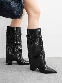 CUCCOO BIZCHIC Botas de mujer de moda europea y americana con puntera puntiaguda, tacón grueso y cremallera lateral - Negro - Ver 3