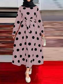SHEIN PETITE 女式波尔卡圆点印花圆领长袖系带优雅连衣裙 - 彩色 - 查看 3