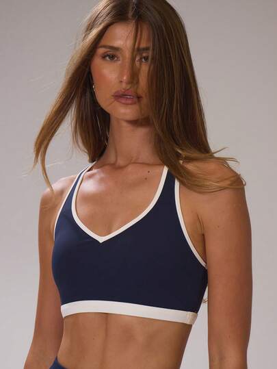 Musera Sport Sujetador deportivo con cuello de escote contrastado y espalda de tirantes para actividades deportivas de otoño, invierno, gimnasio, entrenamiento, esquí y actividades al aire libre