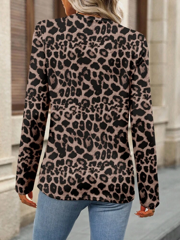 Maglietta casual da donna a maniche lunghe con scollo tondo e stampa leopardata, top da donna a maniche lunghe con stampa animale, top casual da donna con stampa leopardata, top con stampa ghepardo