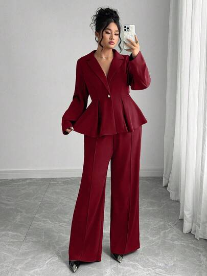 Elenzga 2pcs Plus Size Women's Tailored Suit Set, European & American Style, Slimming Fit Flared Pants, Elegant Professional Commuter Outfit Burgundy Outfit Women Two Piece Set Women Elegant Pants Suit Formal Two Piece Set Pant Suits For Wedding Chinese New Year New Year Valentine's Day Christmas Chinese New Year