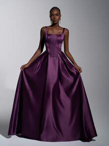 Elitara Minimalist Retro Fashion Eggplant Purple Fishbone Design A-Line Formal Dress, Business Dress, Guest Dress, Evening Gown