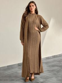 CLARA VERO Women Solid Color Textured Mock Neck Maxi Sweater Dress & Open Front Maxi Cardigan 2pcs Set - Camel - View 4