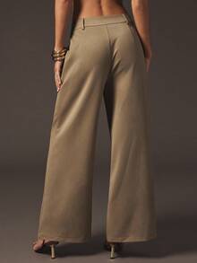 Hauture Formal Old Money Business Office Fall Suiting Solid Wide Leg Pants - Brown - View 5
