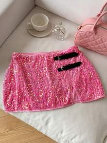 Comfortcana 女士亮片时尚派对半身裙，皮革搭扣装饰，新年女士款 - 粉色 - 查看 6
