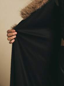 Poéselle Black Belted Faux-Fur Collar Maxi Coat – Longline Wrap Trench With Plush Cuffs & Subtle Sparkle,Longline Maxi Trench,Holiday Party Outerwear,Glamorous Winter Coat,Faux Fur Trim Jacket,Black Evening Coat,Statement Collar Coat,Women's Fashionable Fuzzy Patchwork Jacket, Autumn/Winter,Winter Clothes For Women - Black - View 8