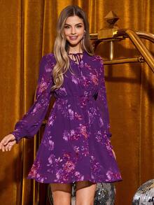 Amorya Elegancka, dopasowana, krótka sukienka damska w kwiaty, idealna do noszenia na co dzień i na wiele okazji, jesień - Wielokolorowe - Zobacz 3